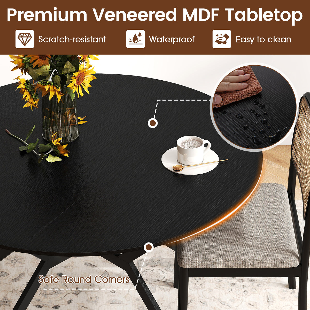 Folding Round Dining Table 47 Inch Black with Drop Leaves