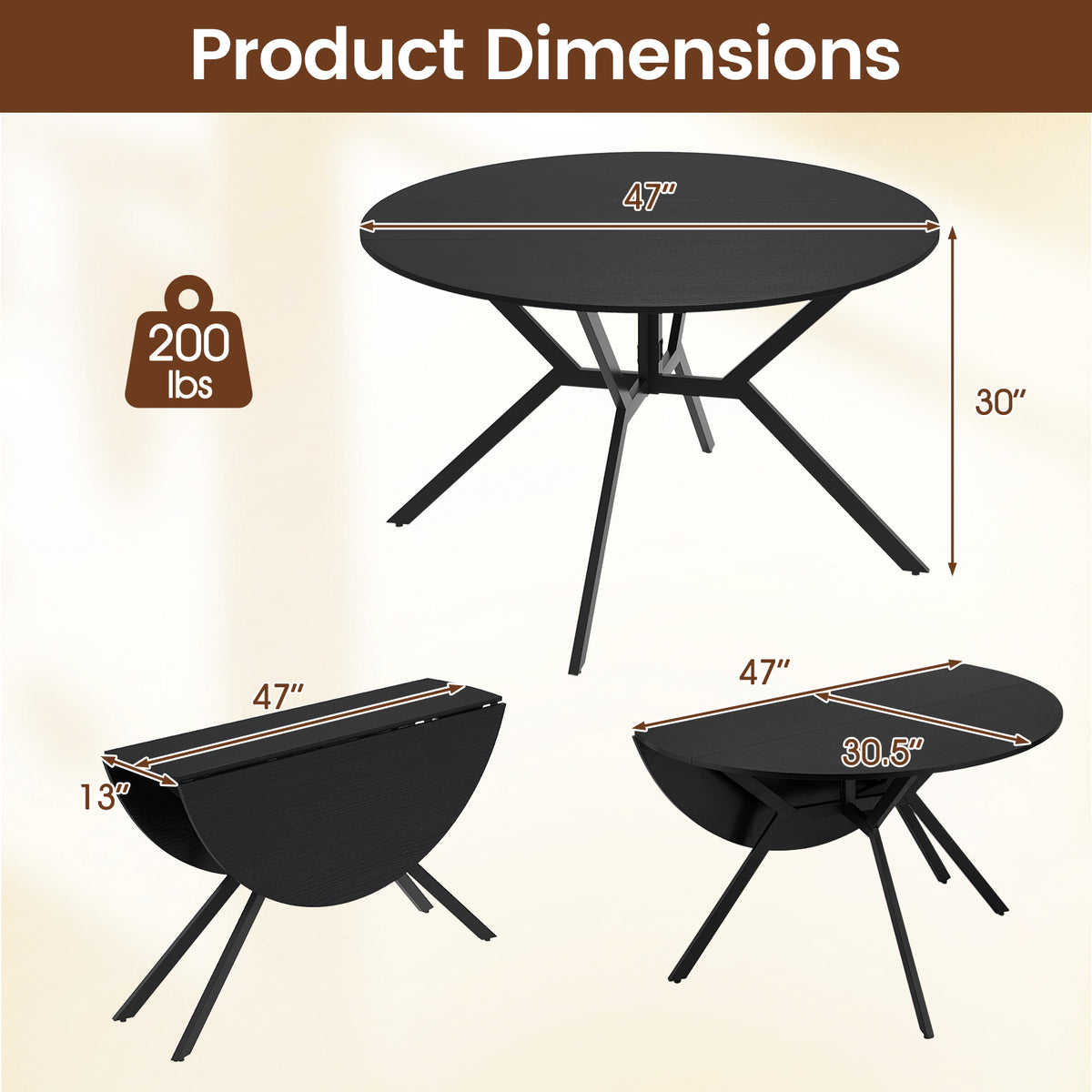 Folding Round Dining Table 47 Inch Black with Drop Leaves
