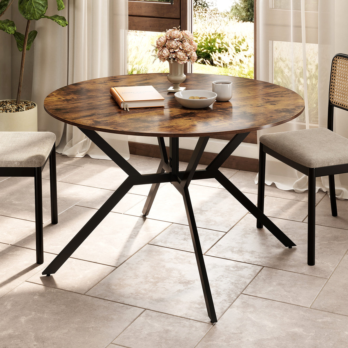 47 Inch Round Folding Dining Table with Drop Leaves, Rustic Brown