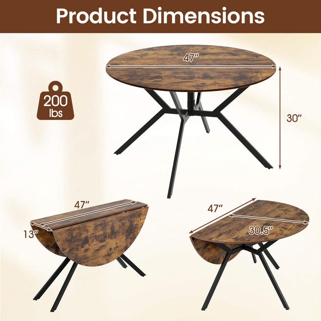 47 Inch Round Folding Dining Table with Drop Leaves, Rustic Brown