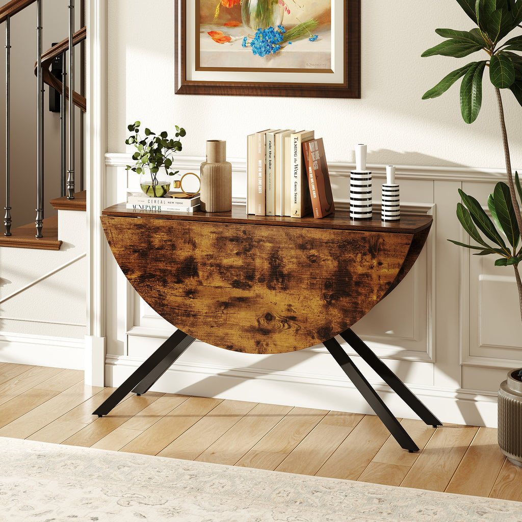 47 Inch Round Folding Dining Table with Drop Leaves, Rustic Brown