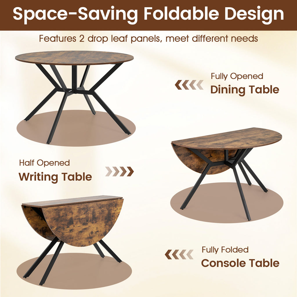 47 Inch Round Folding Dining Table with Drop Leaves, Rustic Brown