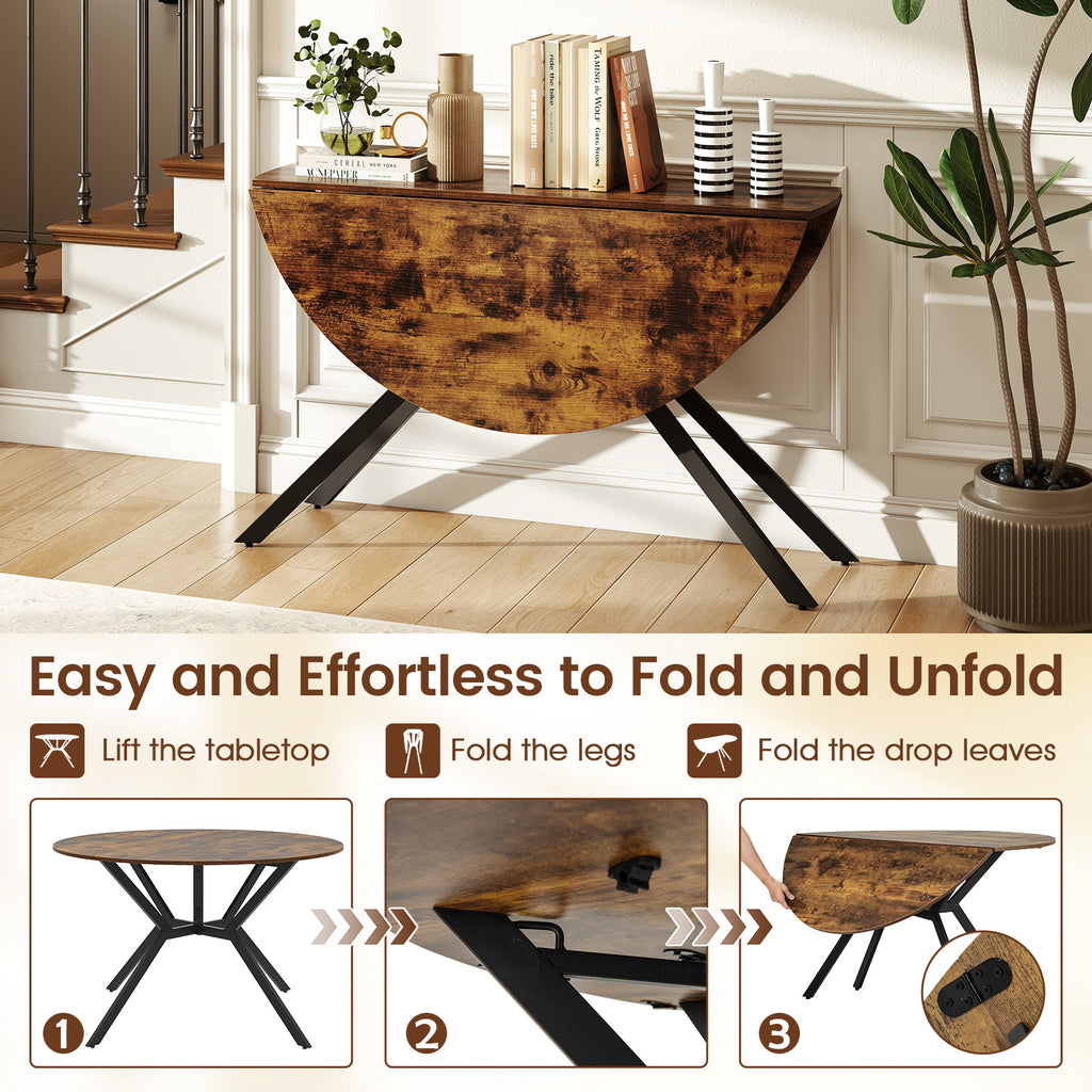 47 Inch Round Folding Dining Table with Drop Leaves, Rustic Brown