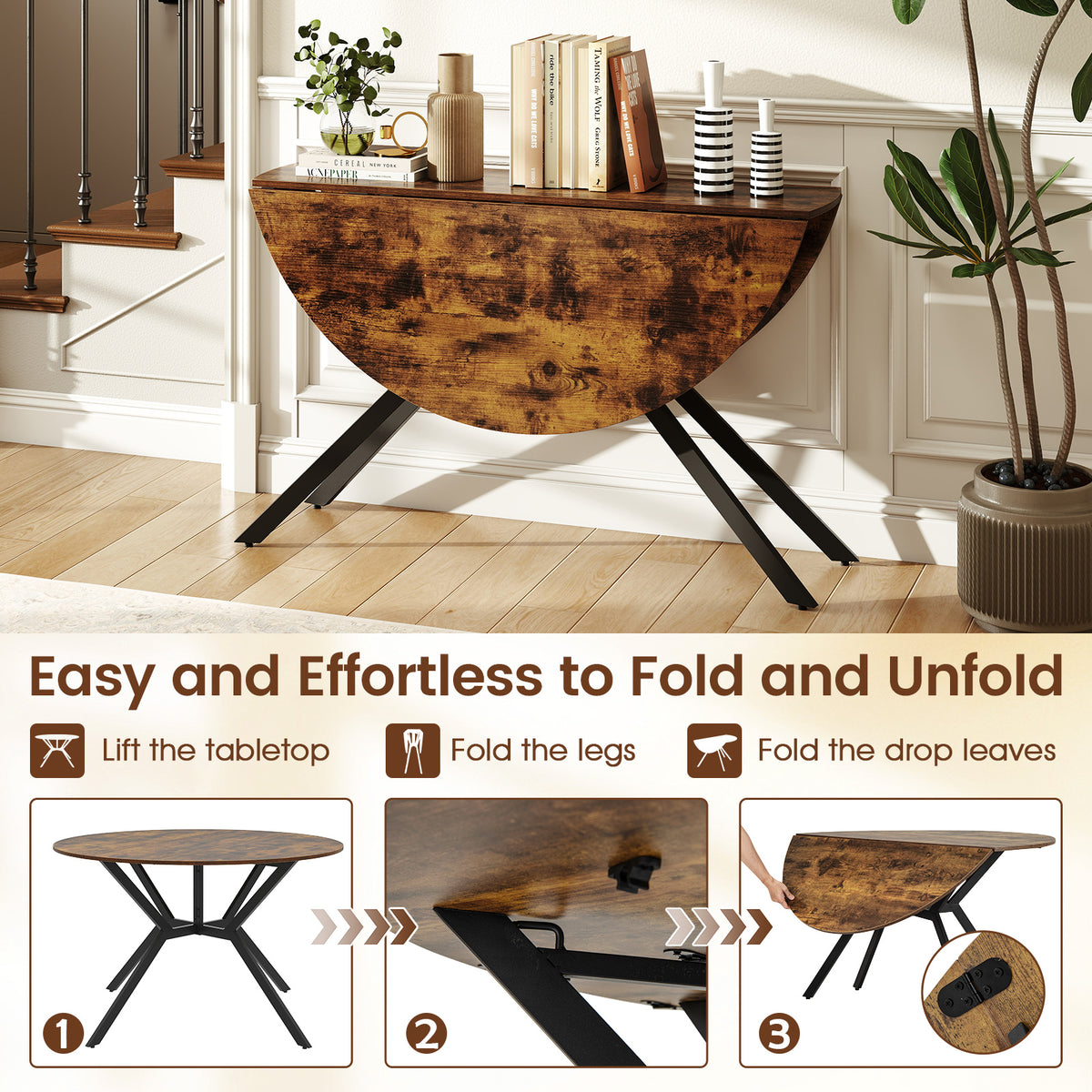 47 Inch Round Folding Dining Table with Drop Leaves, Rustic Brown