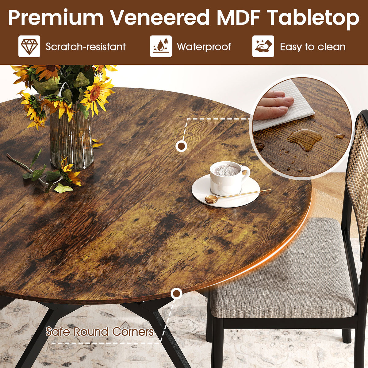 47 Inch Round Folding Dining Table with Drop Leaves, Rustic Brown