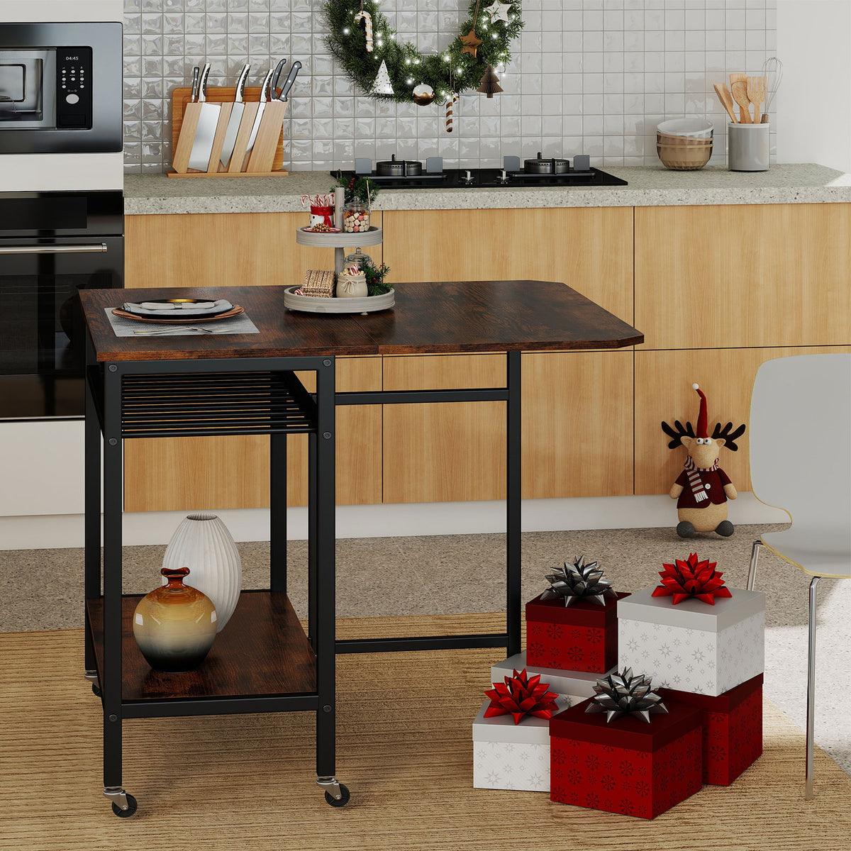 Folding Dining Table with Wine Rack and Wheels - Rustic Brown