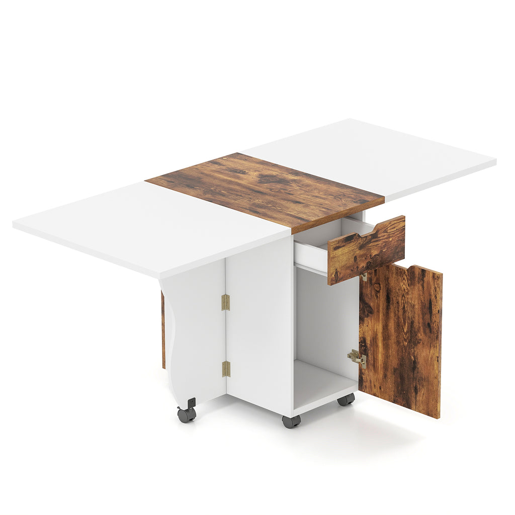 3-in-1 Folding Dining Table with Storage Drawers and Lockable Wheels, 69 Inch White