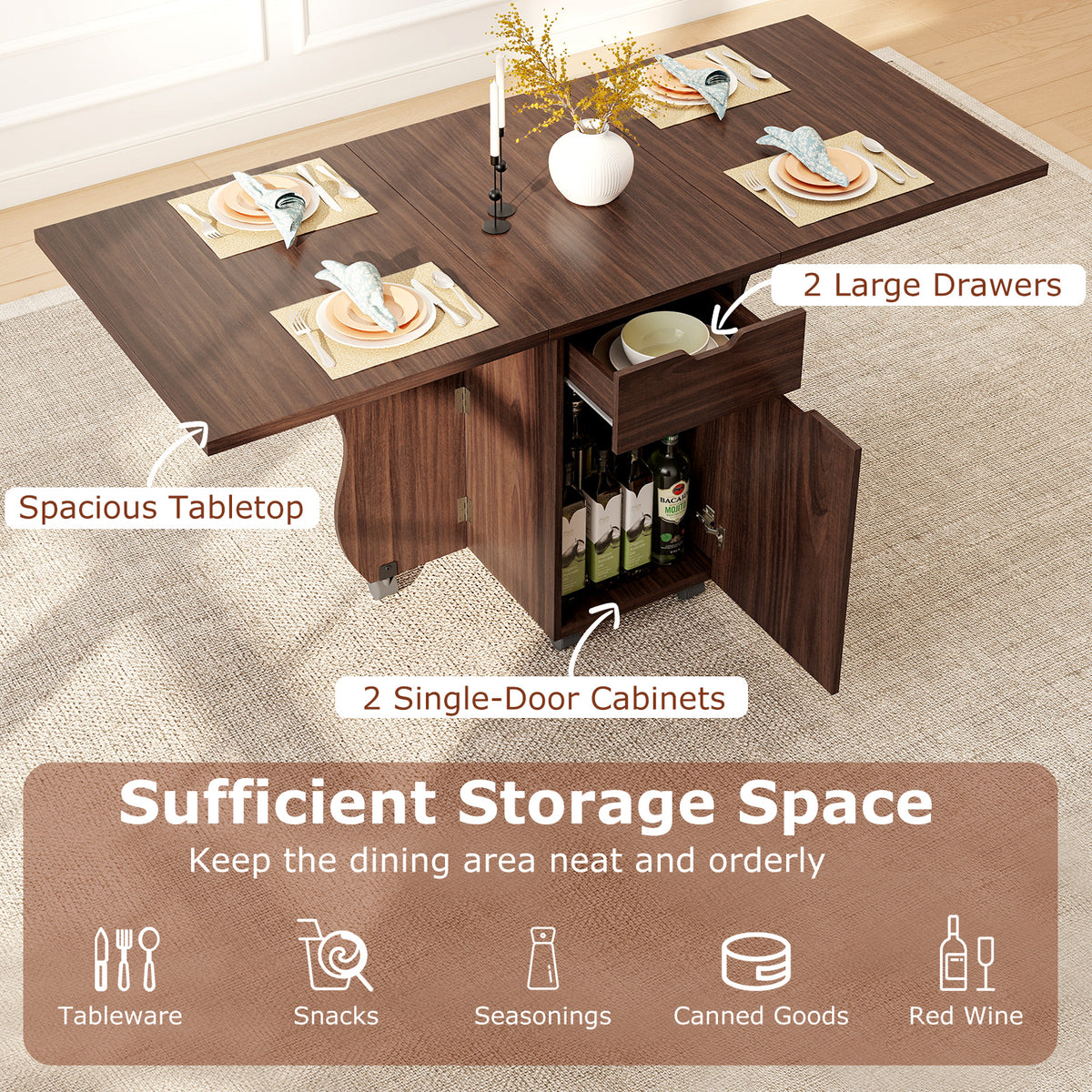 69-Inch Folding Dining Table with Storage Drawers, Walnut