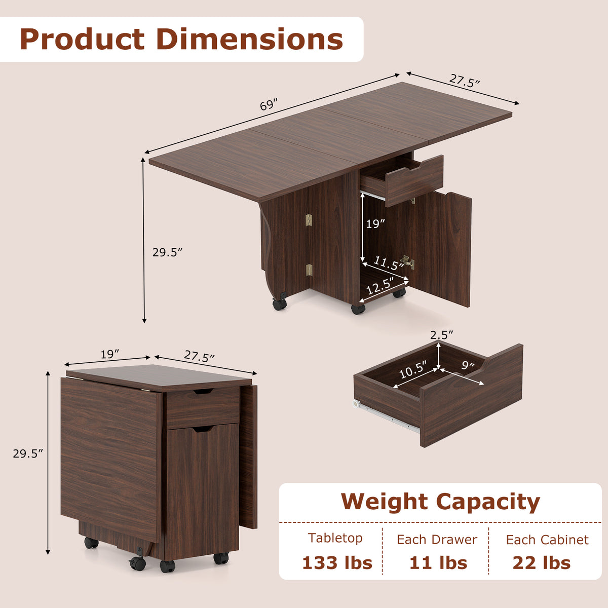 3-in-1 Folding Dining Table with Storage & Wheels - 69 Inch, Walnut