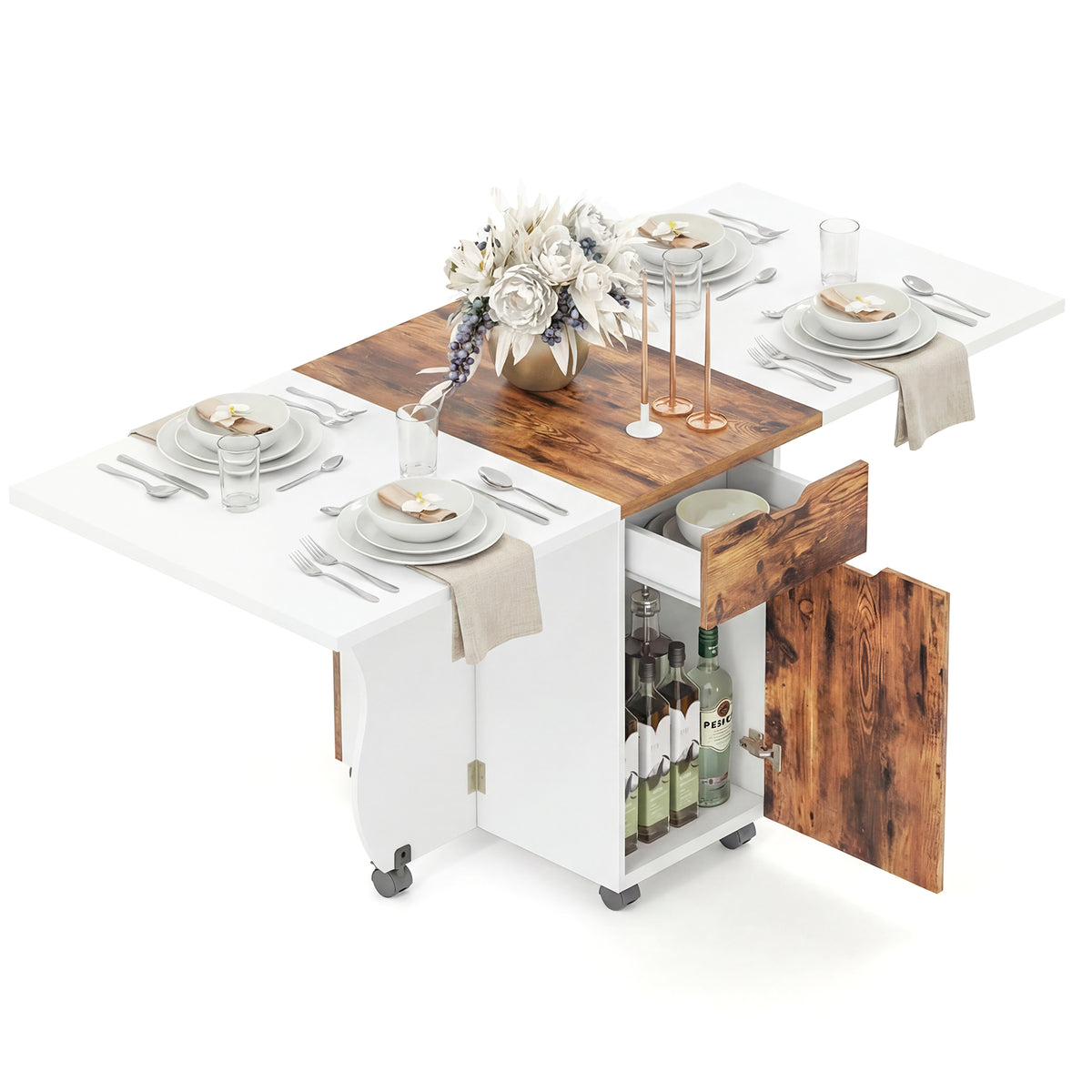 3-in-1 Folding Dining Table with Storage Drawers and Lockable Wheels, 69 Inch White