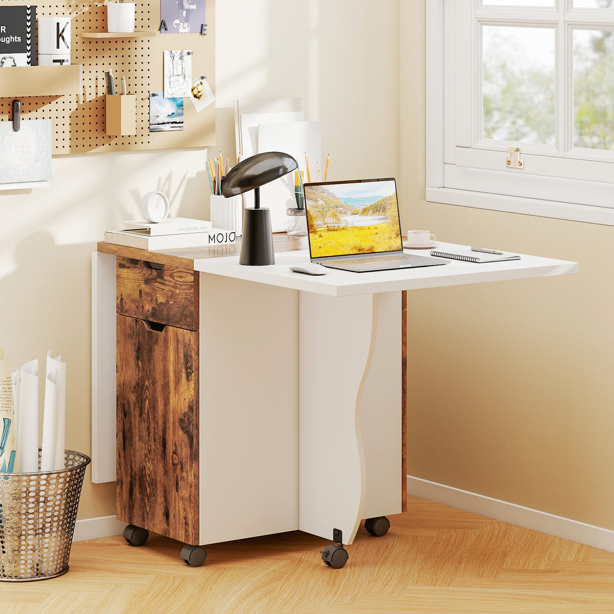 3-in-1 Folding Dining Table with Storage Drawers and Lockable Wheels, 69 Inch White