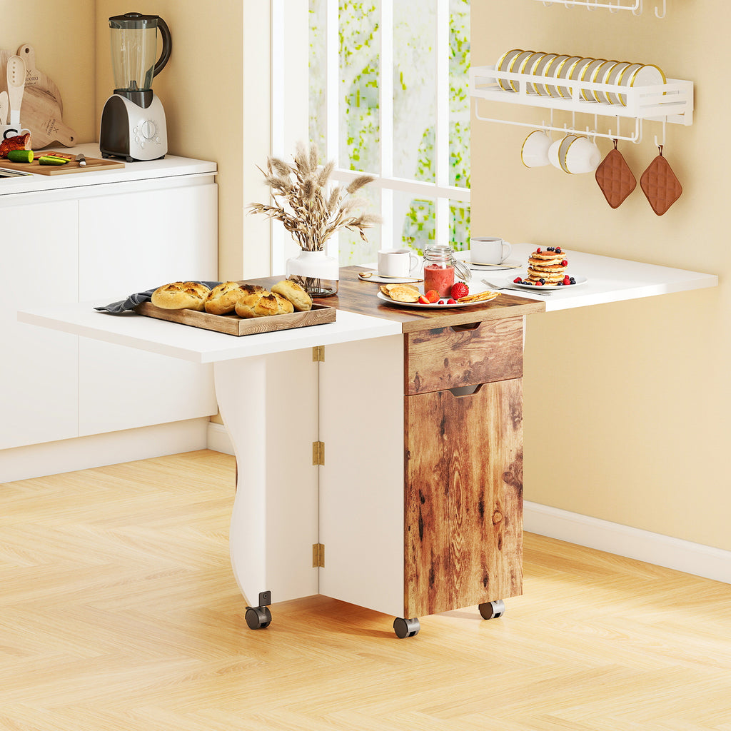 3-in-1 Folding Dining Table with Storage Drawers and Lockable Wheels, 69 Inch White