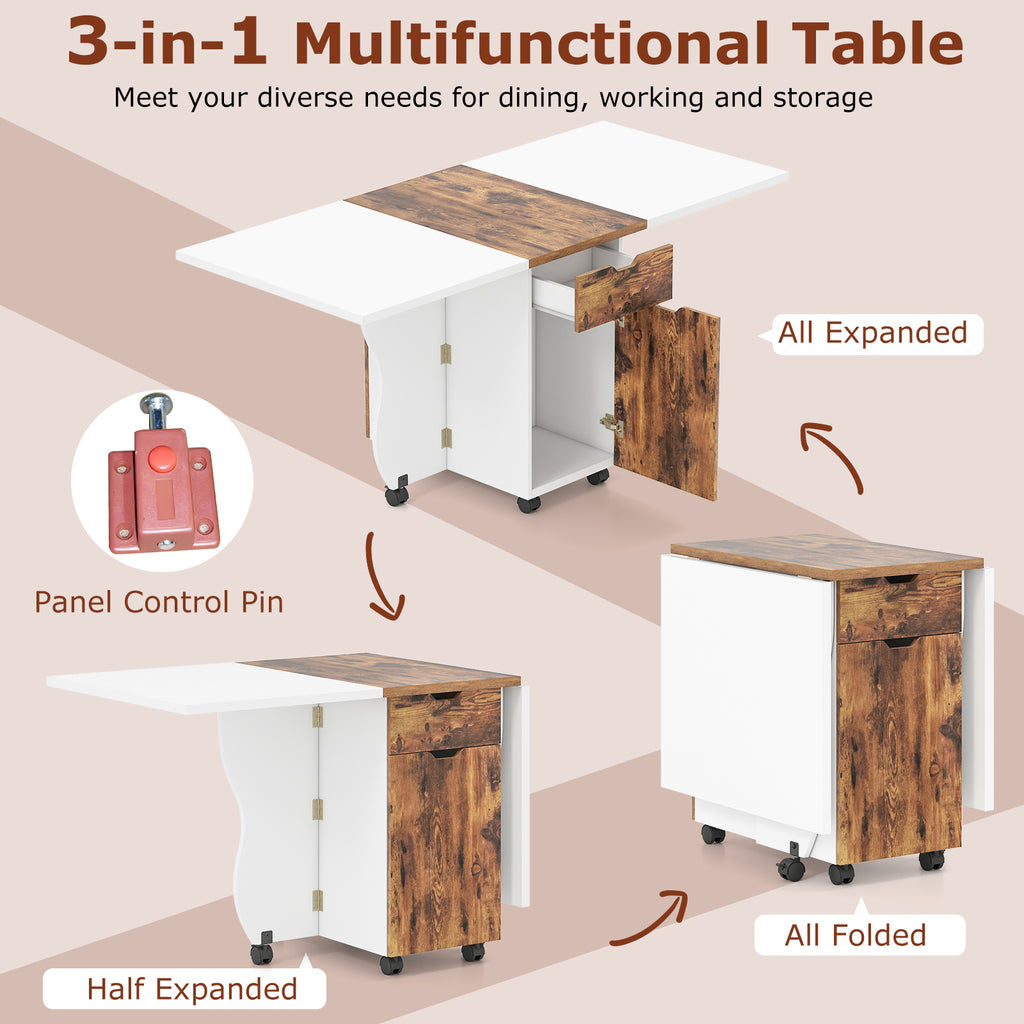 Folding Dining Table 3-in-1 with Storage & Wheels, 69 Inch White
