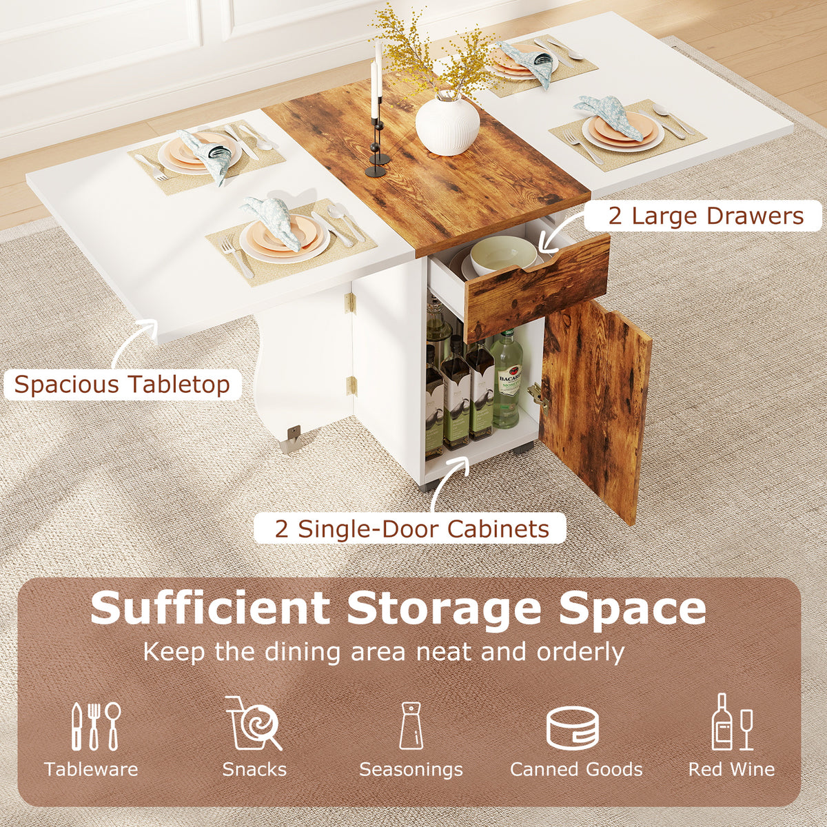 3-in-1 Folding Dining Table with Storage Drawers and Lockable Wheels, 69 Inch White