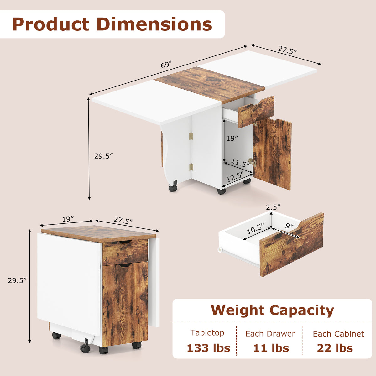 3-in-1 Folding Dining Table with Storage Drawers and Lockable Wheels, 69 Inch White