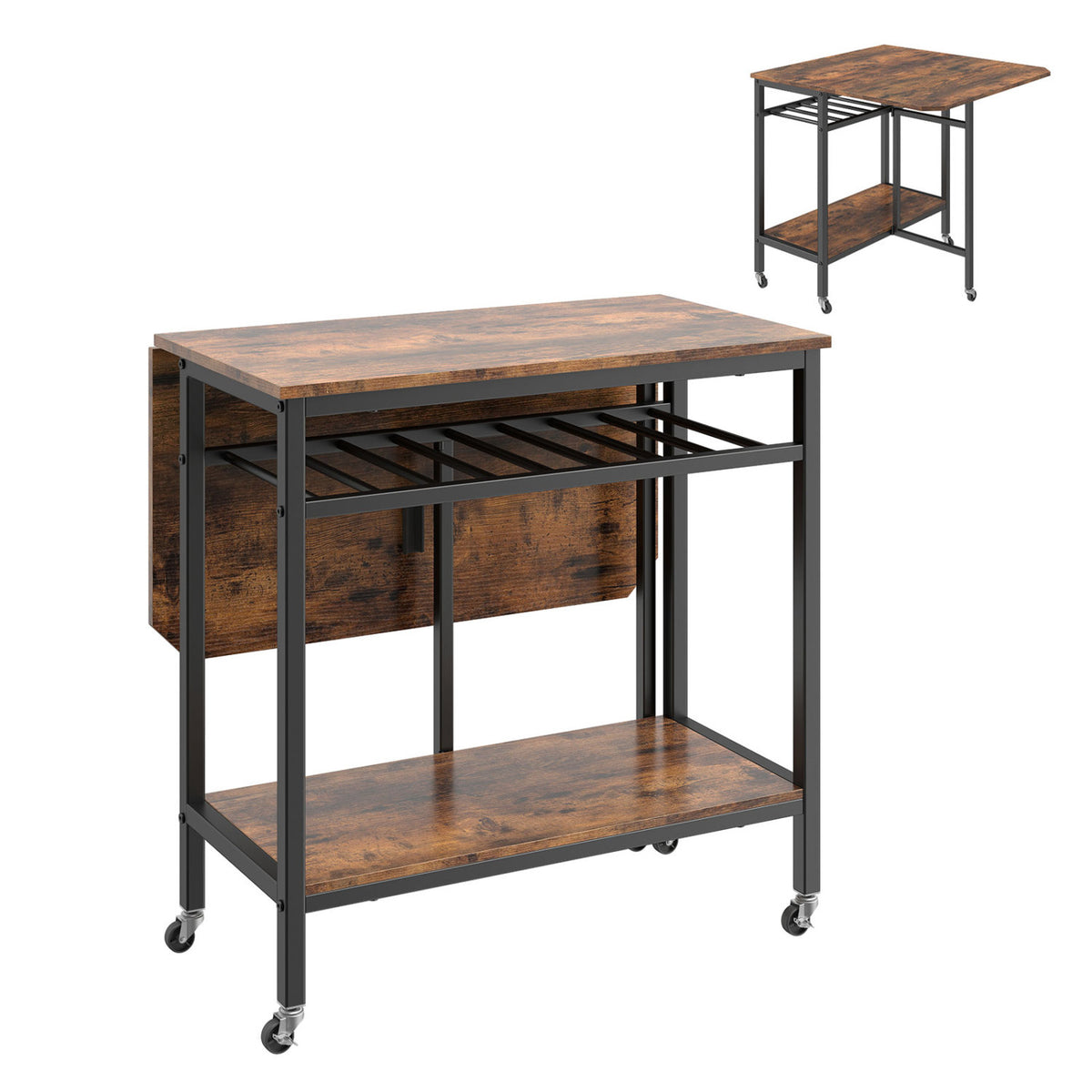 Folding Dining Table with Wine Rack and Wheels - Rustic Brown