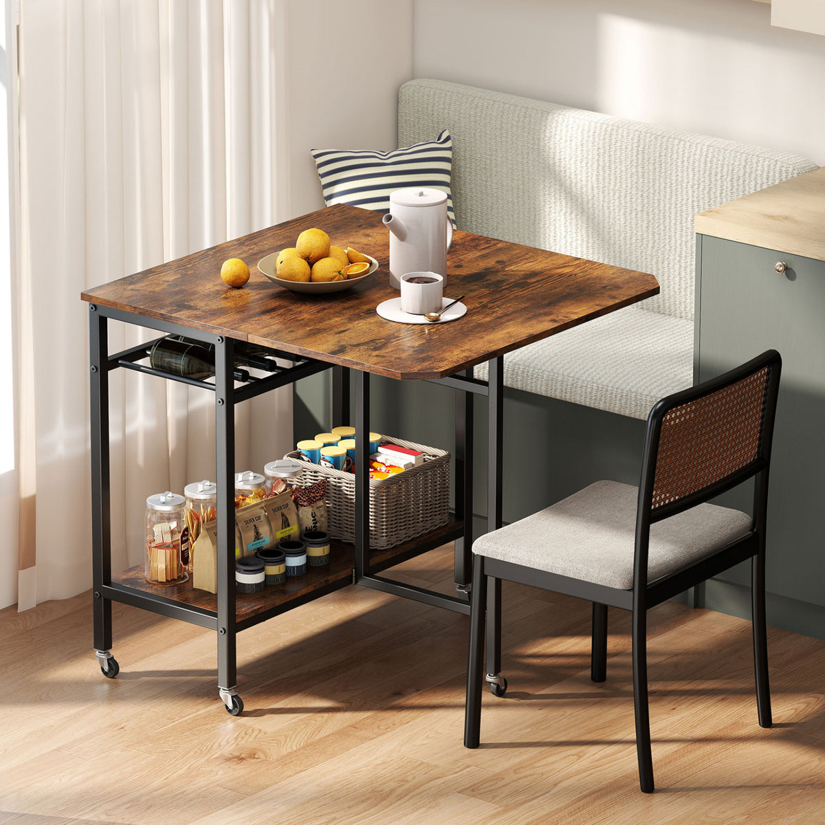 Folding Dining Table with Wine Rack and Wheels - Rustic Brown