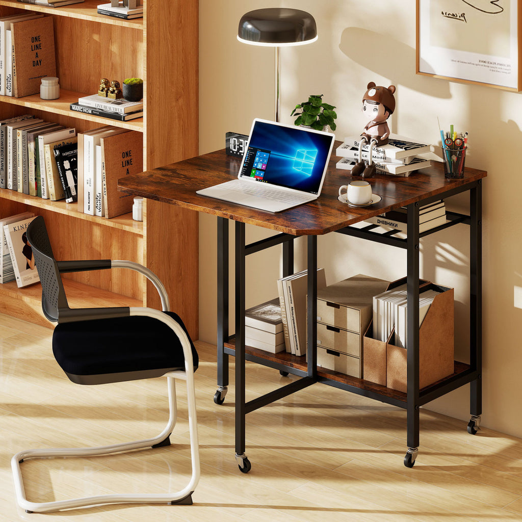 Folding Dining Table with Wine Rack and Wheels - Rustic Brown