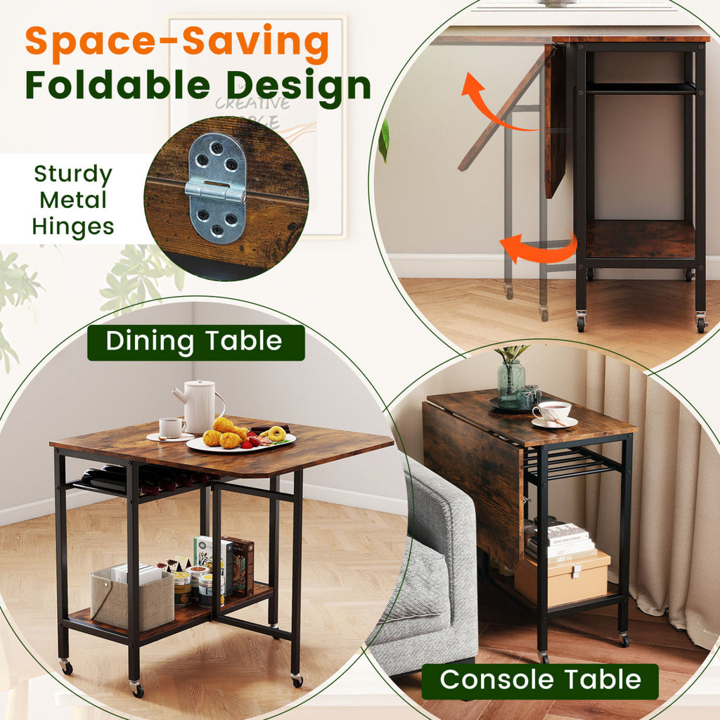 Folding Dining Table with Wine Rack and Wheels - Rustic Brown