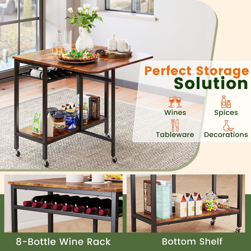 Folding Dining Table with Wine Rack and Wheels - Rustic Brown