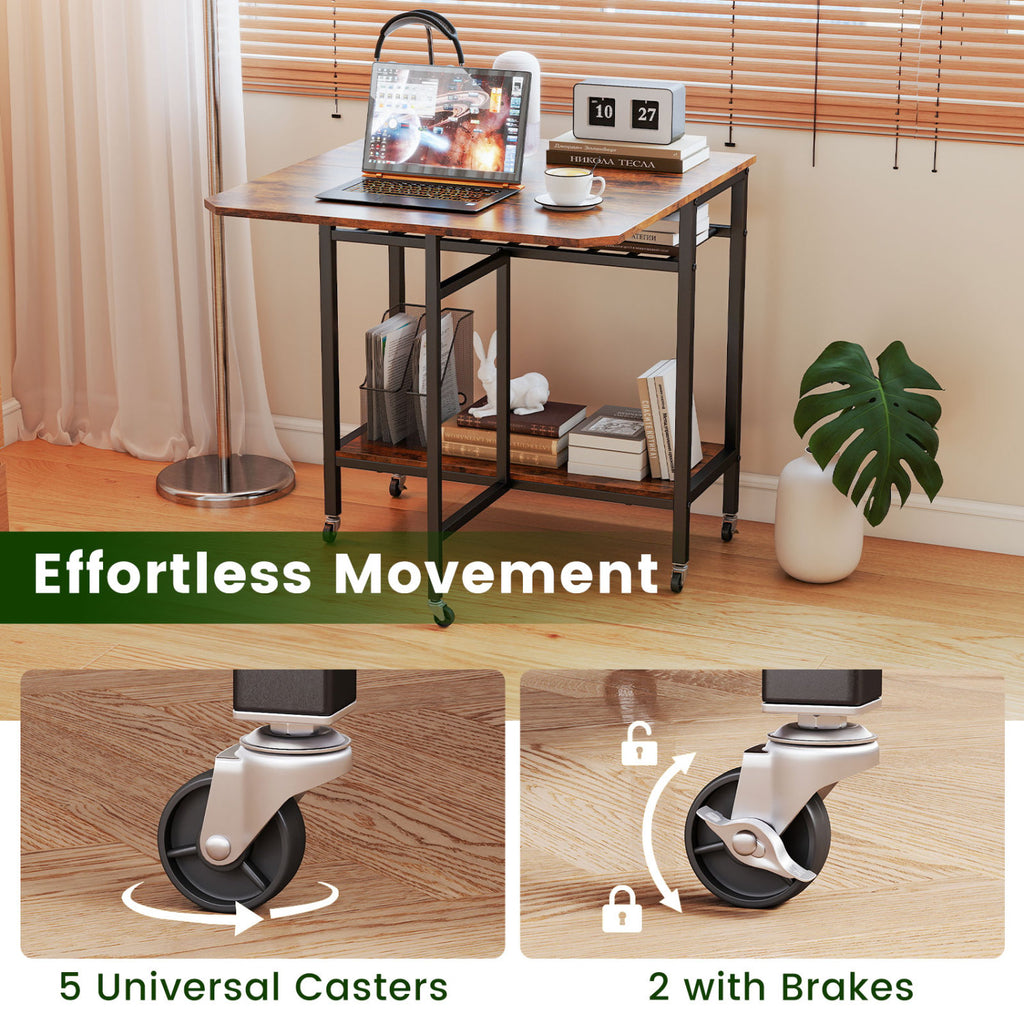 Folding Dining Table with Wine Rack and Wheels - Rustic Brown