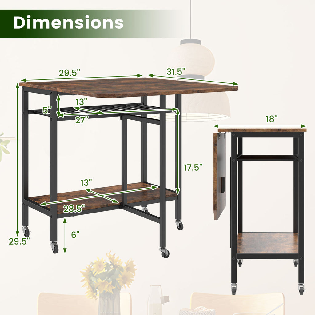 Folding Dining Table with Wine Rack and Wheels - Rustic Brown