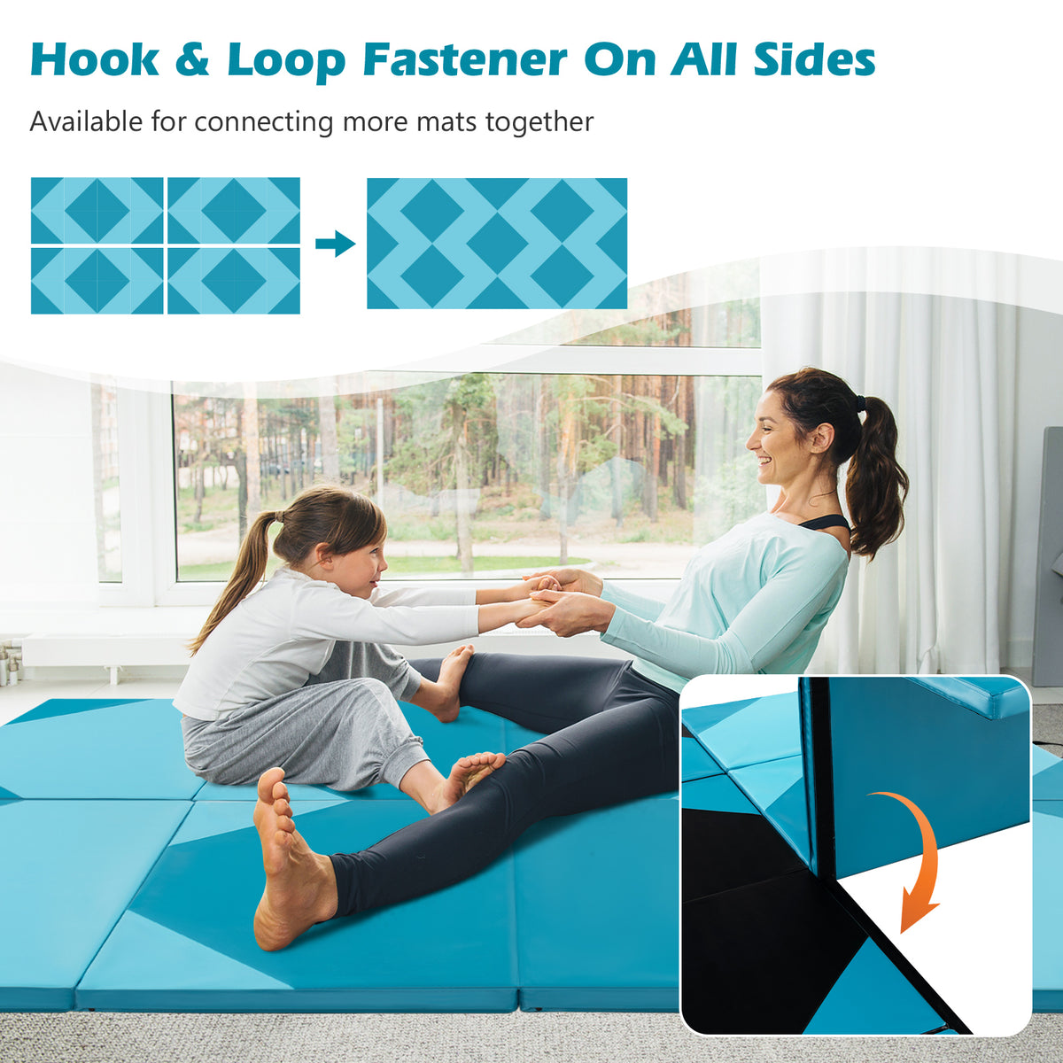 4-Panel Folding Exercise Mat with Hook and Loop Fasteners - Blue - 10x4ft