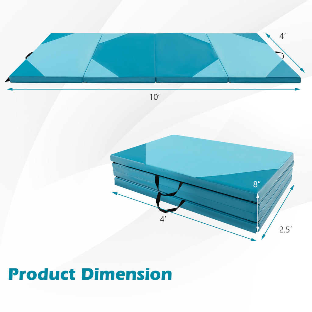 4-Panel Folding Exercise Mat with Hook and Loop Fasteners - Blue - 10x4ft