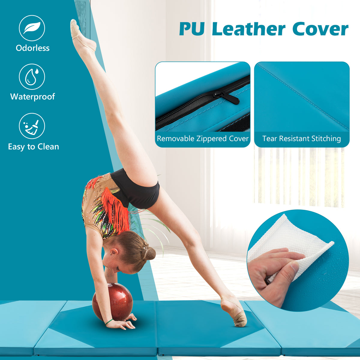 4-Panel Folding Exercise Mat with Hook and Loop Fasteners - Blue - 10x4ft