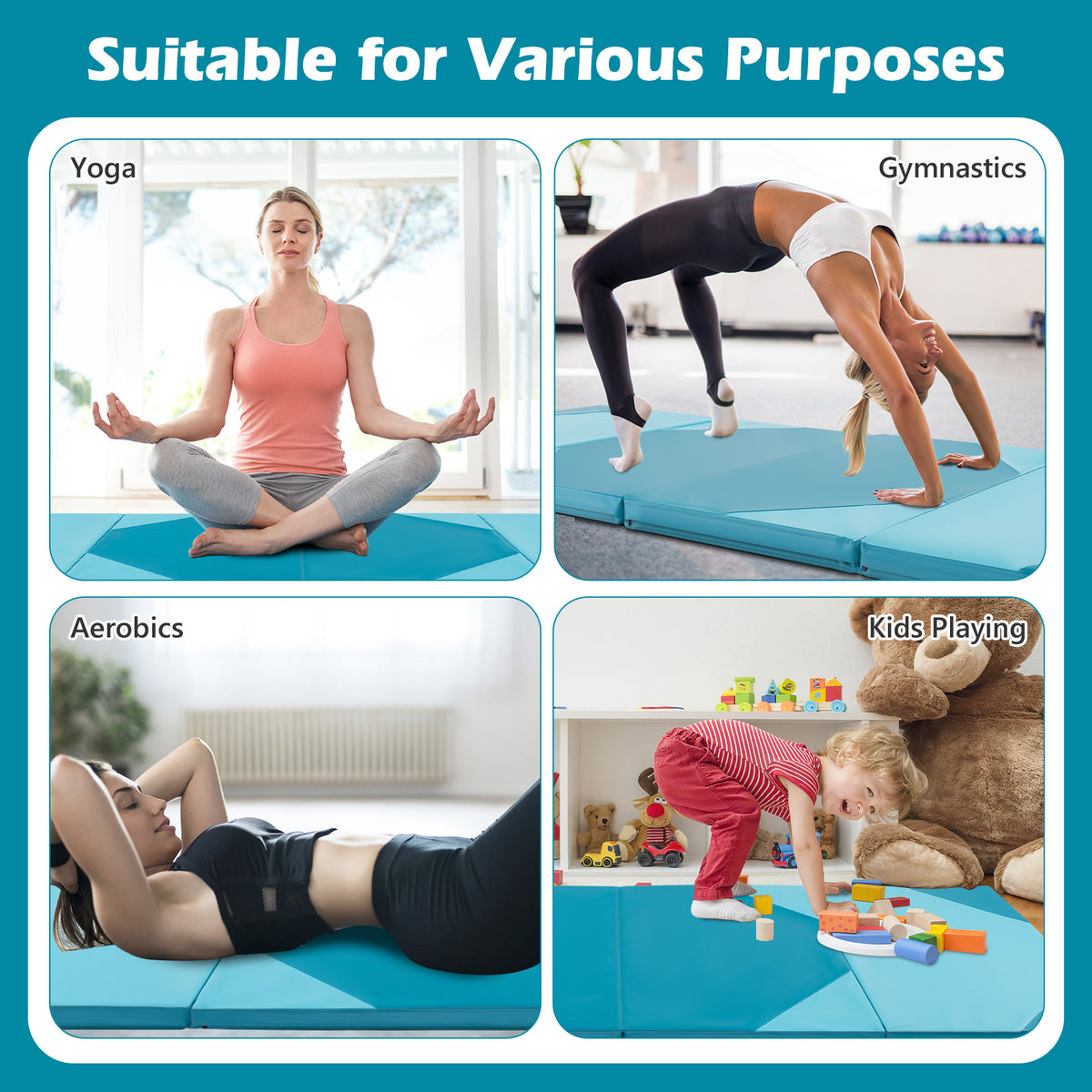 4-Panel Folding Exercise Mat with Hook and Loop Fasteners - Blue - 10x4ft