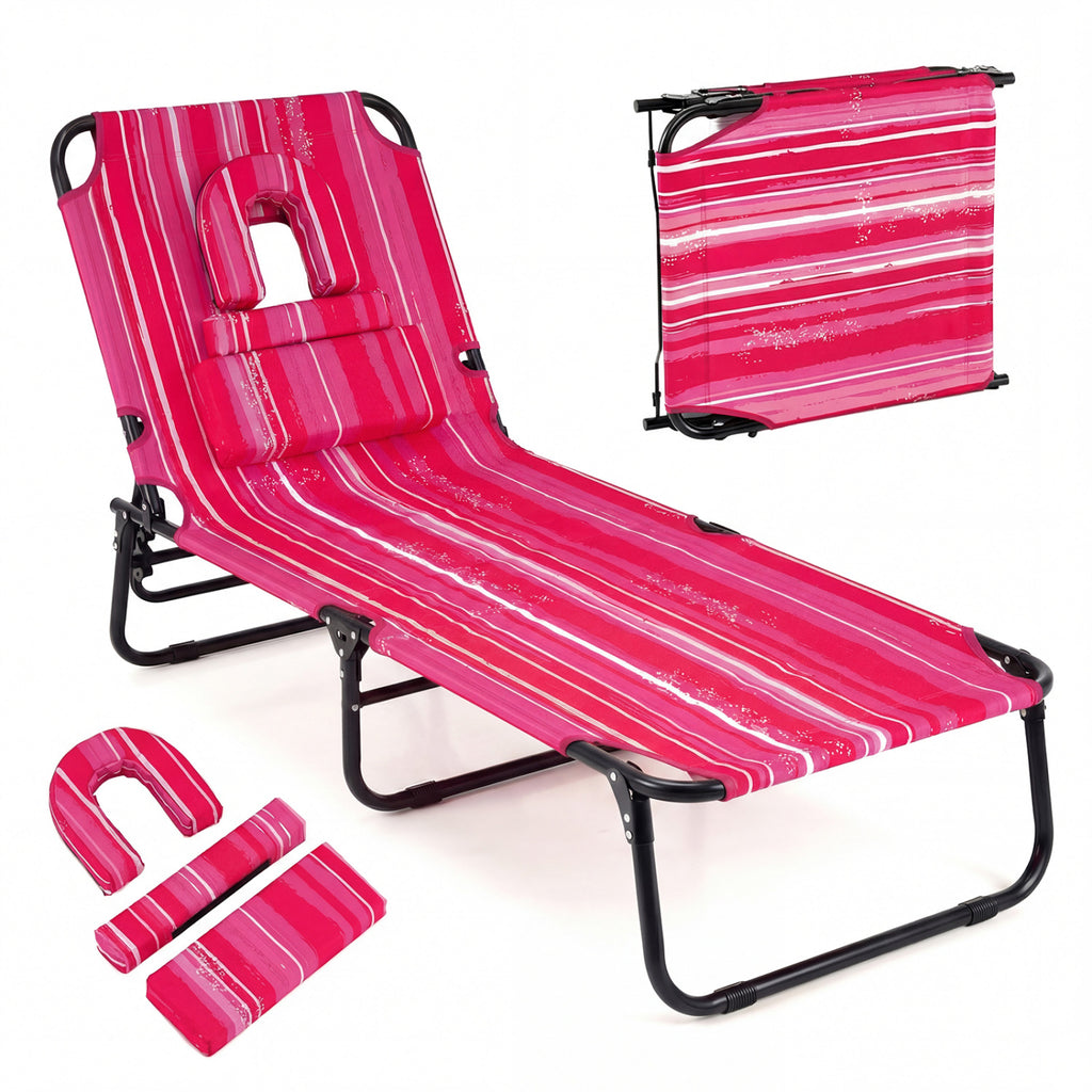 Folding Face Down Tanning Chair with 3 Removable Pillows - Pink