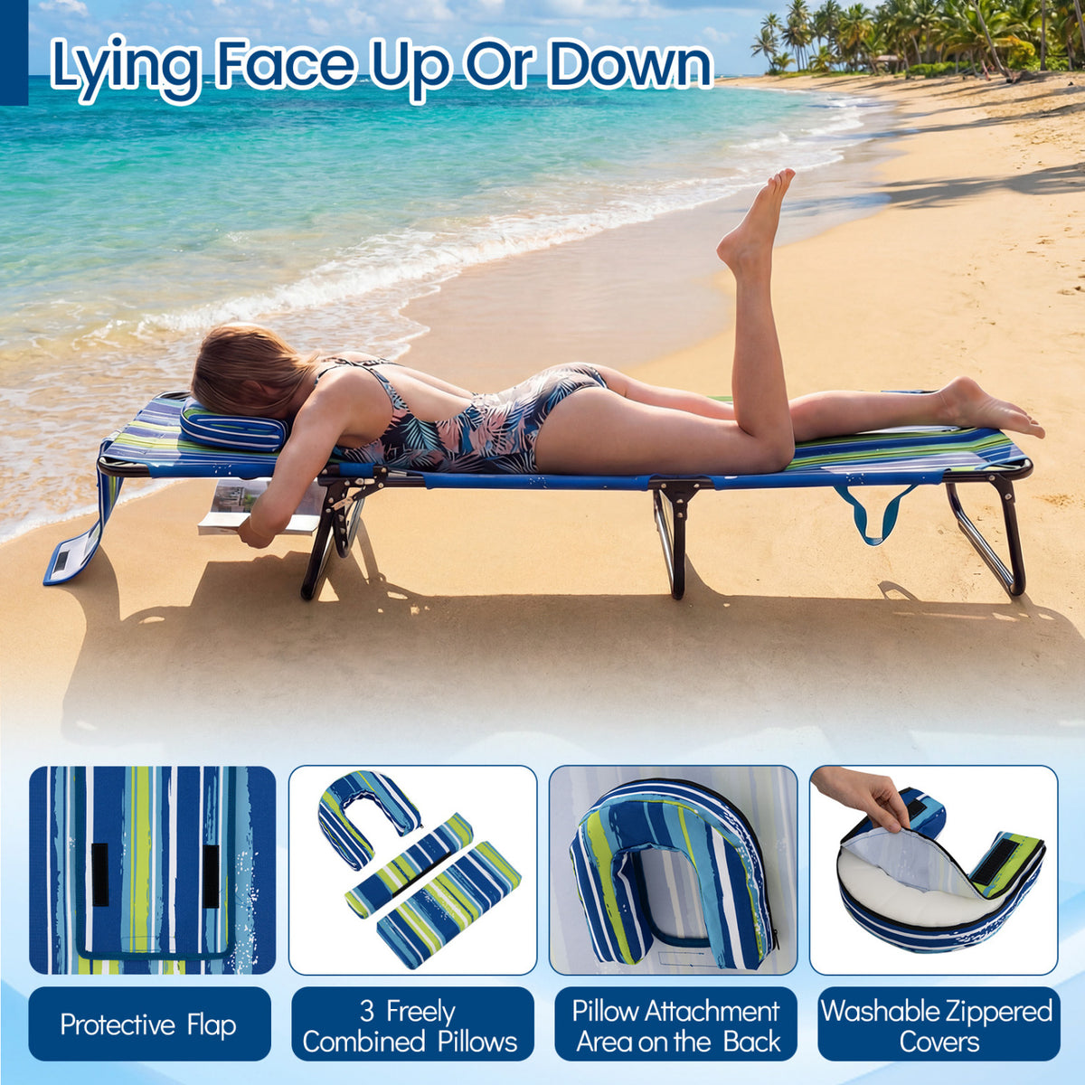 Folding Face Down Tanning Chair with Hole 3 Removable Pillows