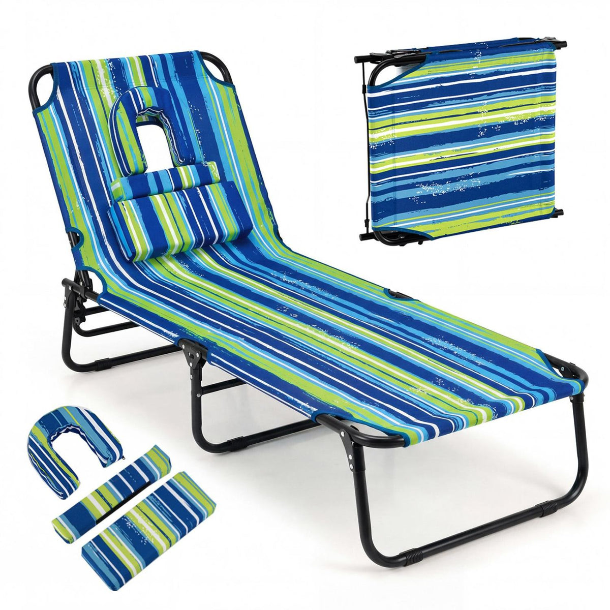 Folding Face Down Tanning Chair with Hole 3 Removable Pillows