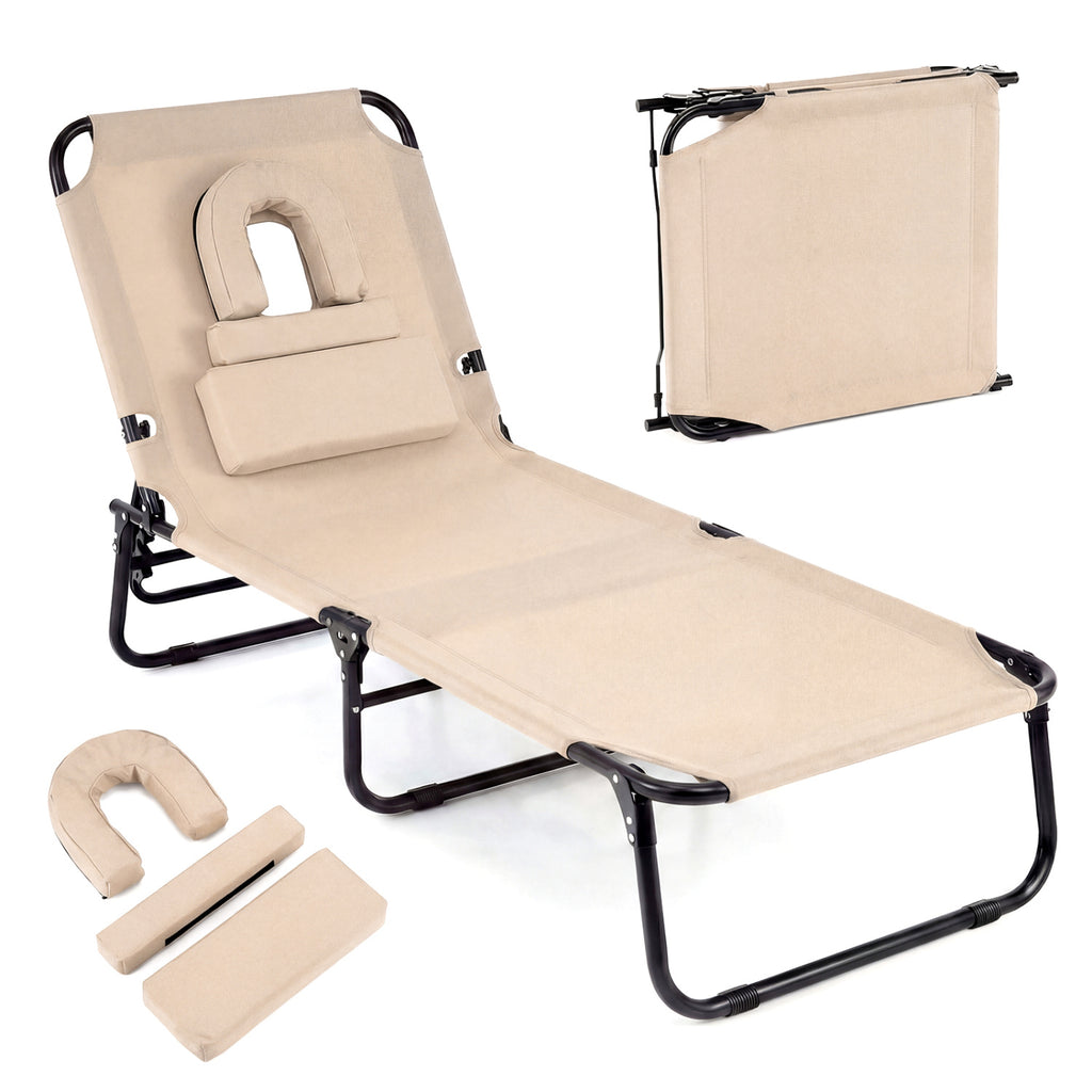 Folding Face Down Tanning Chair with Face Hole, 3 Removable Pillows - Beige