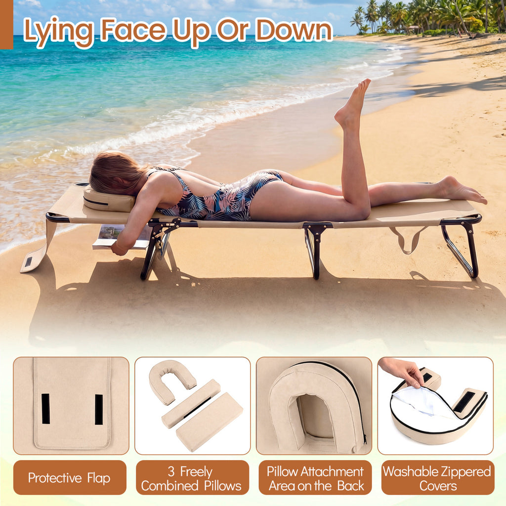 Folding Face Down Tanning Chair with Face Hole, 3 Removable Pillows - Beige