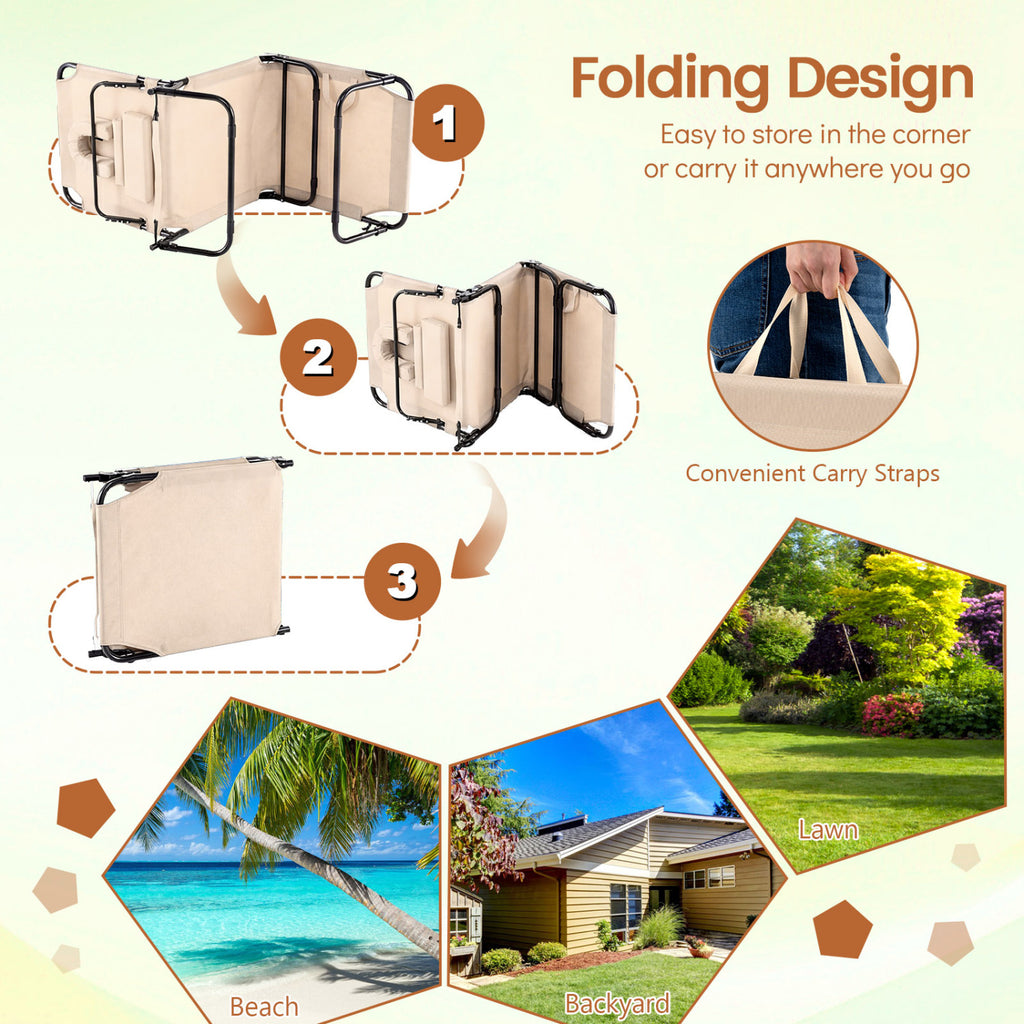 Folding Face Down Tanning Chair with Face Hole, 3 Removable Pillows - Beige