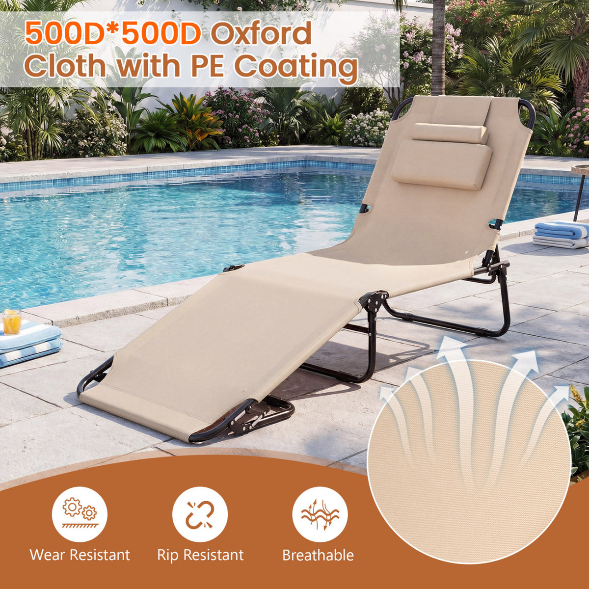 Folding Face Down Tanning Chair with Face Hole, 3 Removable Pillows - Beige