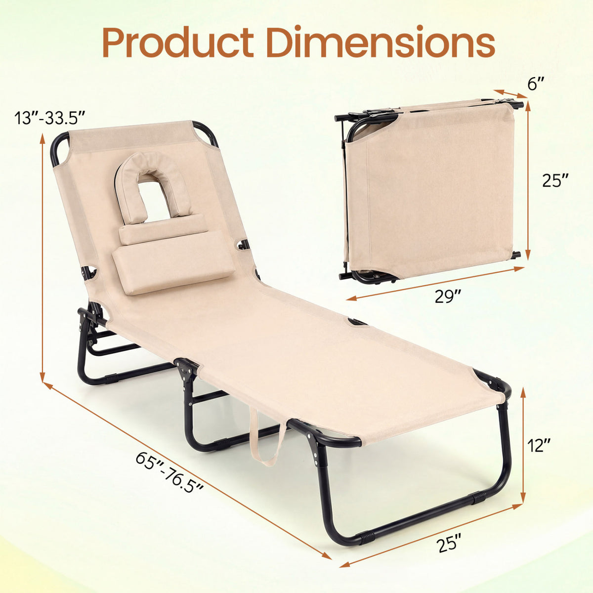 Folding Face Down Tanning Chair with Face Hole, 3 Removable Pillows - Beige