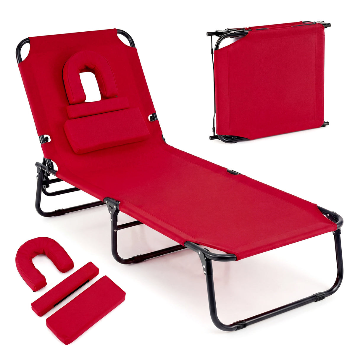 Folding Face Down Tanning Chair with 3 Removable Pillows - Red