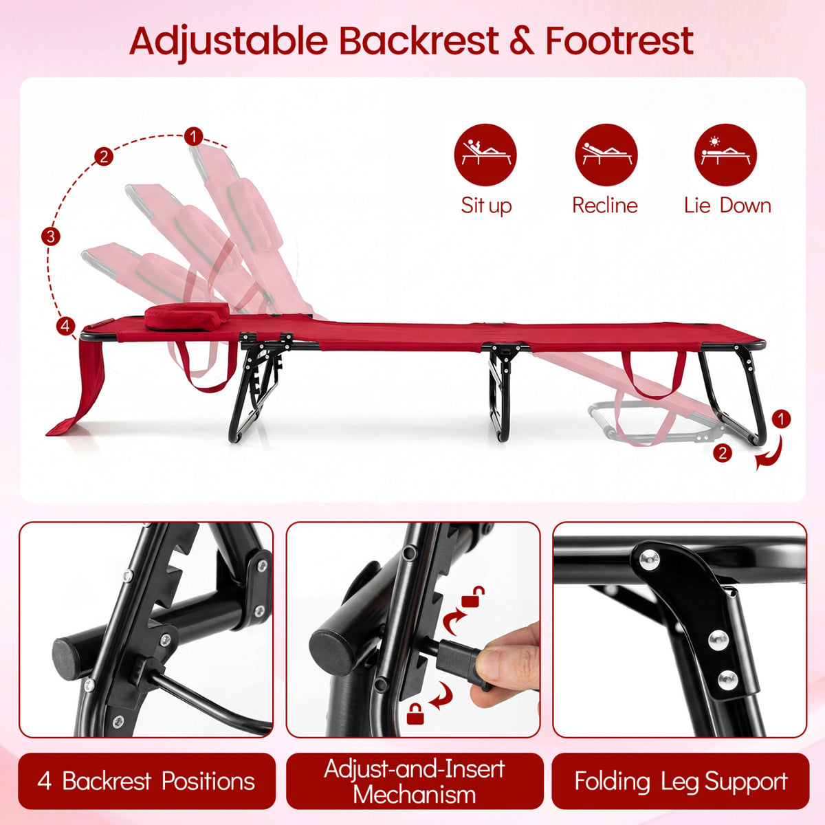 Folding Face Down Tanning Chair with 3 Removable Pillows - Red