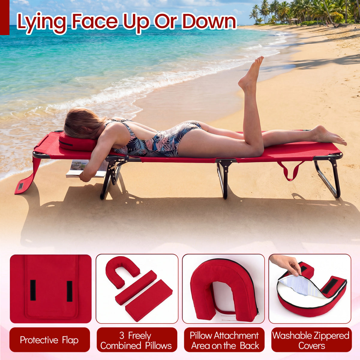 Folding Face Down Tanning Chair with 3 Removable Pillows - Red