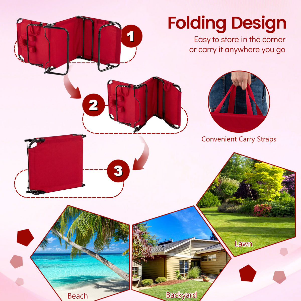 Folding Face Down Tanning Chair with 3 Removable Pillows - Red