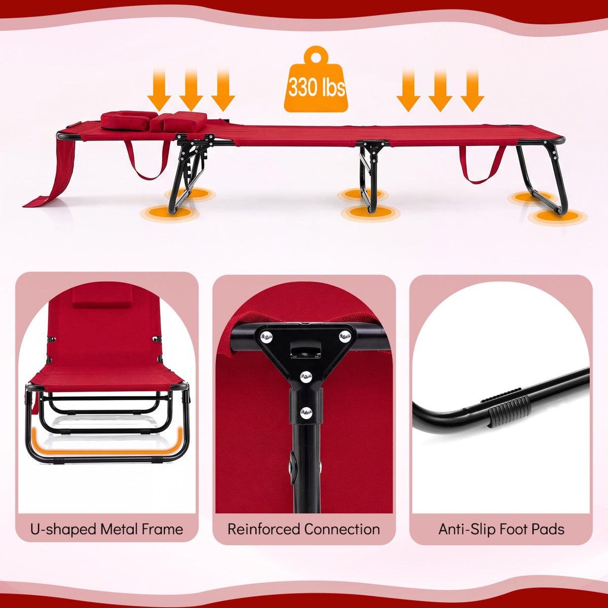 Folding Face Down Tanning Chair with 3 Removable Pillows - Red