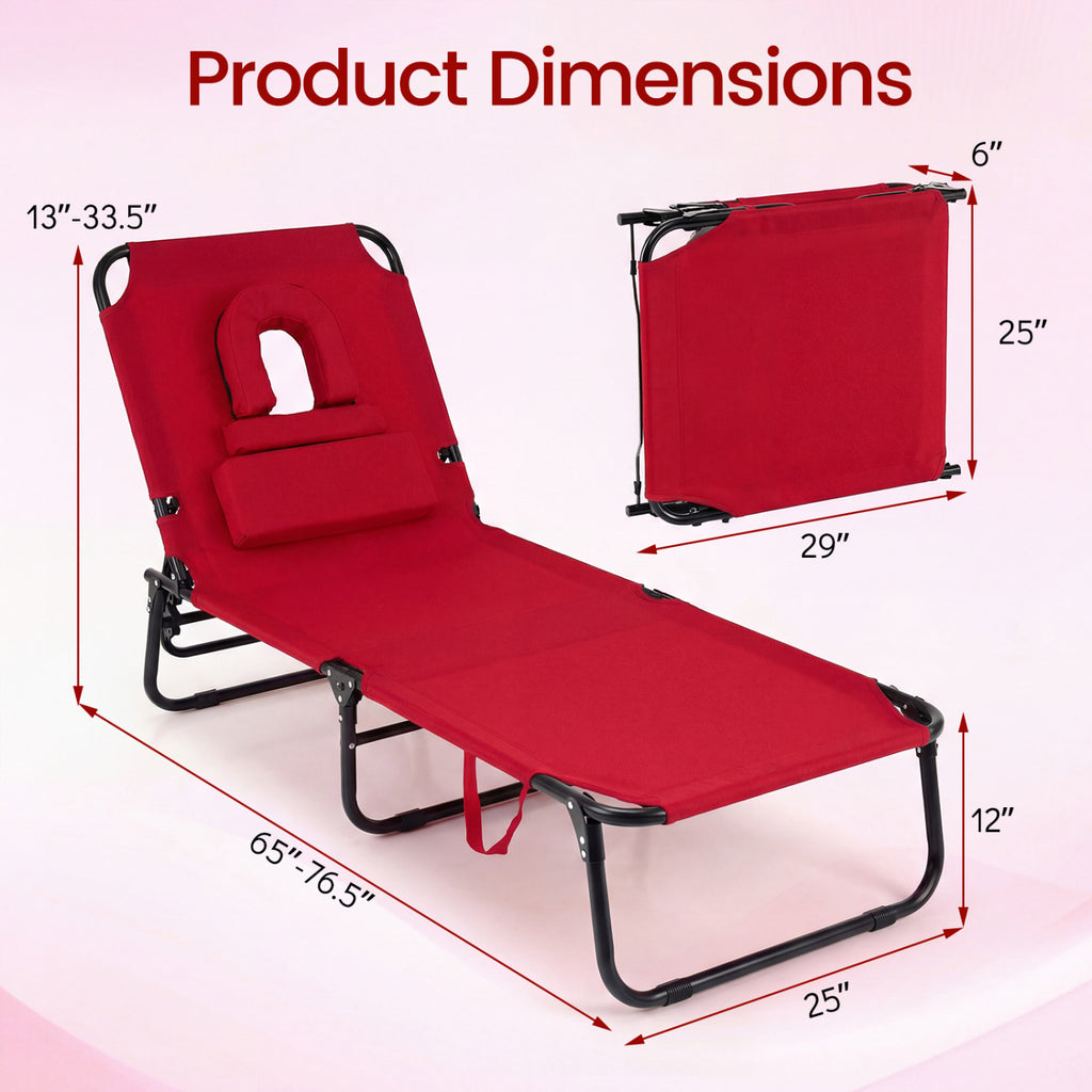 Folding Face Down Tanning Chair with 3 Removable Pillows - Red