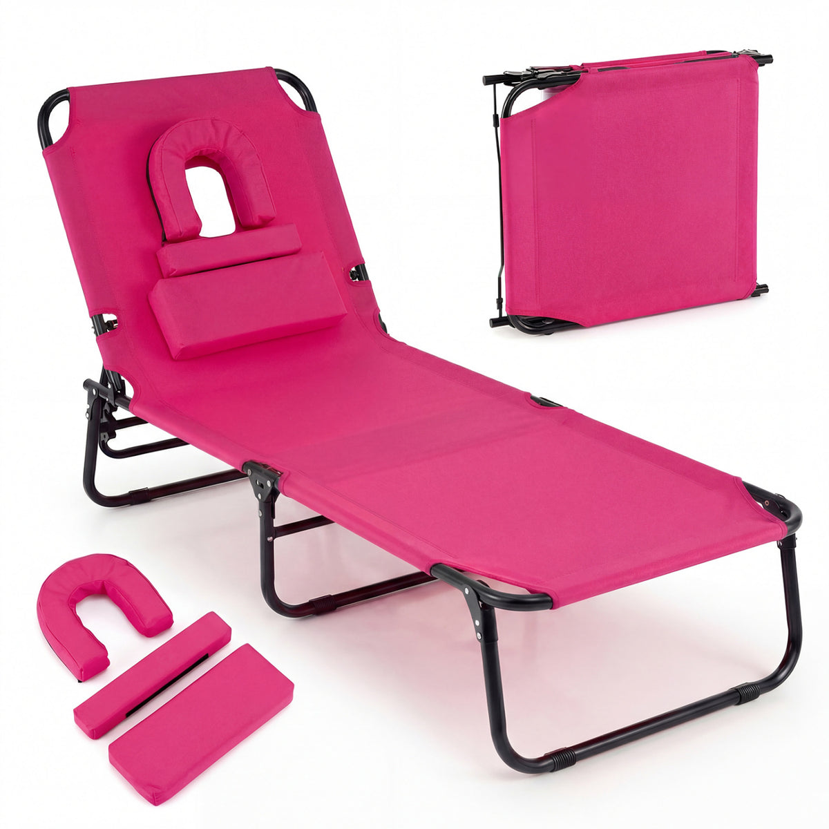 Folding Face Down Tanning Chair with 3 Removable Pillows - Pink