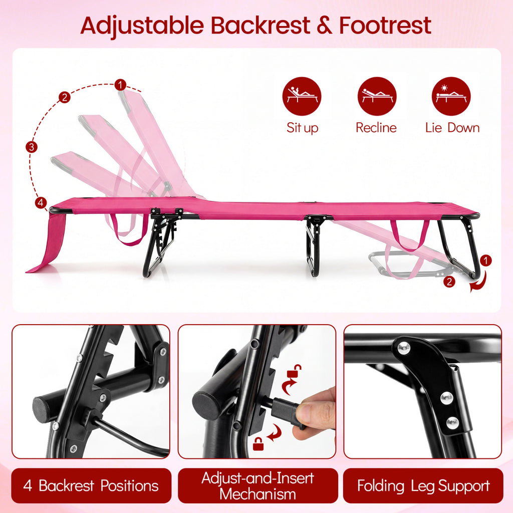 Folding Face Down Tanning Chair with 3 Removable Pillows - Pink