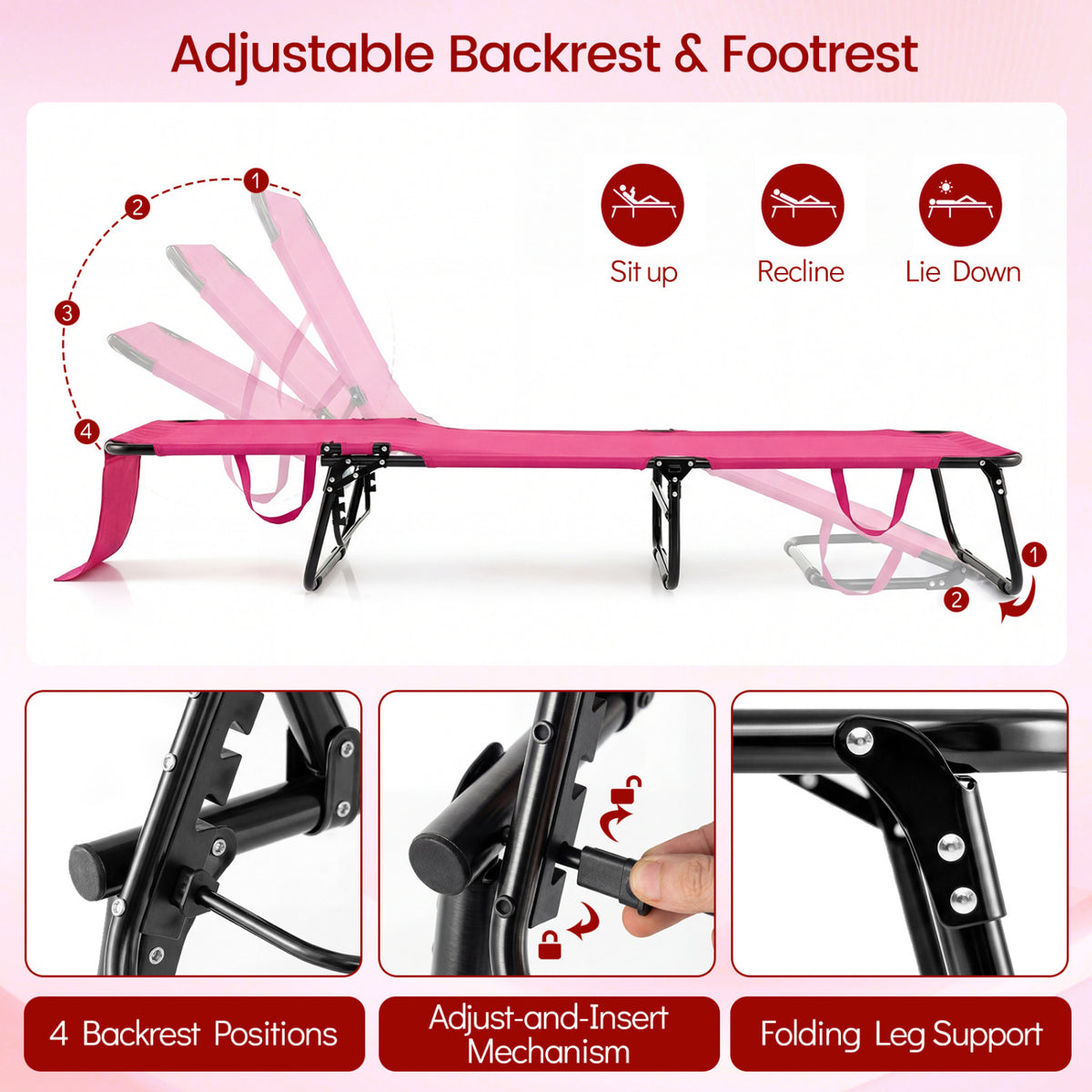 Folding Face Down Tanning Chair with 3 Removable Pillows - Pink