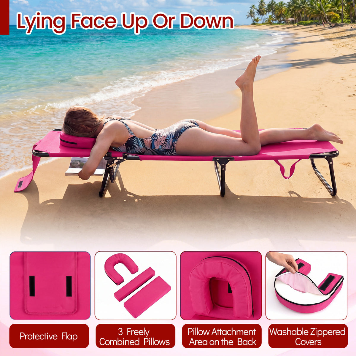 Folding Face Down Tanning Chair with 3 Removable Pillows - Pink