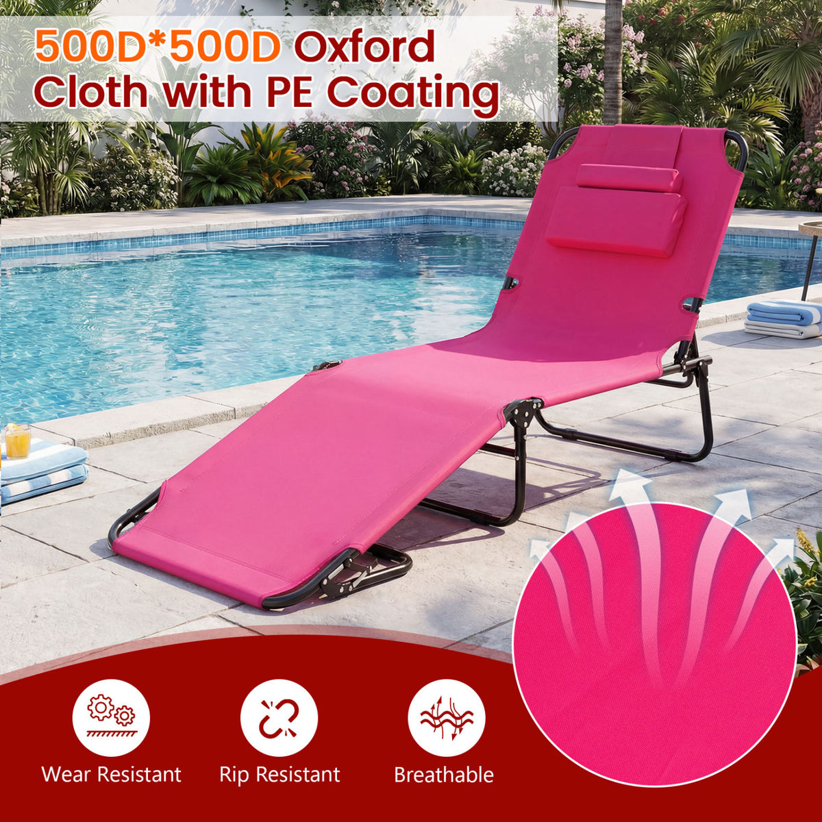 Folding Face Down Tanning Chair with 3 Removable Pillows - Pink