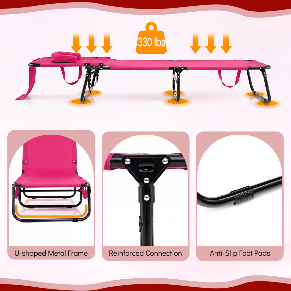 Folding Face Down Tanning Chair with 3 Removable Pillows - Pink
